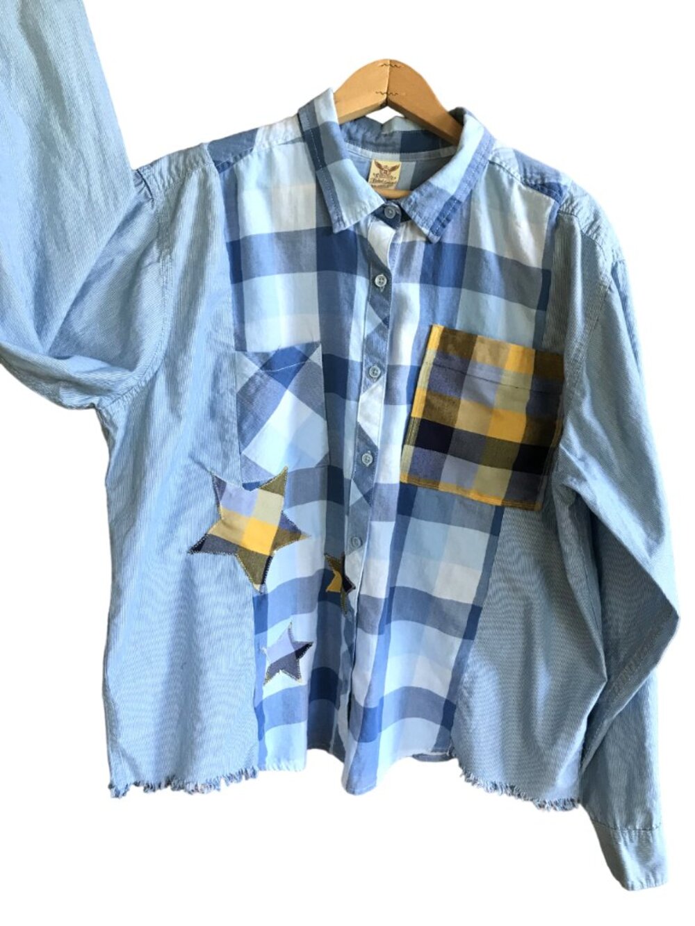Mixed Plaid Button-Down Shirt, Upcycled Oversized Boho Top Stars & Fringe M-XL